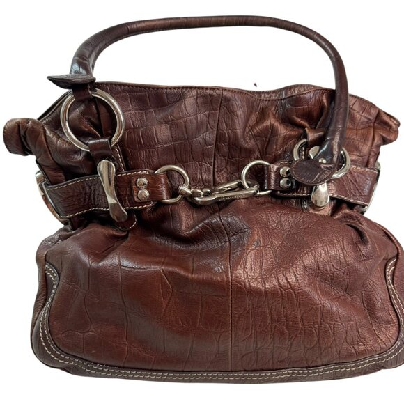 B. Makowsky Genuine Leather Boho Tote Bag Brown | Silver Hardware | Preowned - Picture 3 of 16